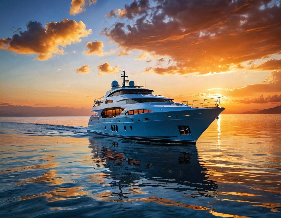 A luxurious yacht sailing on a serene blue ocean, with a dramatic sunset in the background. Include visual elements like safety gear and insurance documents floating on the water's surface, symbolizing protection and safeguarding. The yacht should be glistening, reflecting the vibrant colors of the sunset, while an abstract representation of legal documents subtly adds depth to the scene. The image should evoke a sense of adventure, serenity, and security. super-realistic. vibrant colors. dramatic lighting.