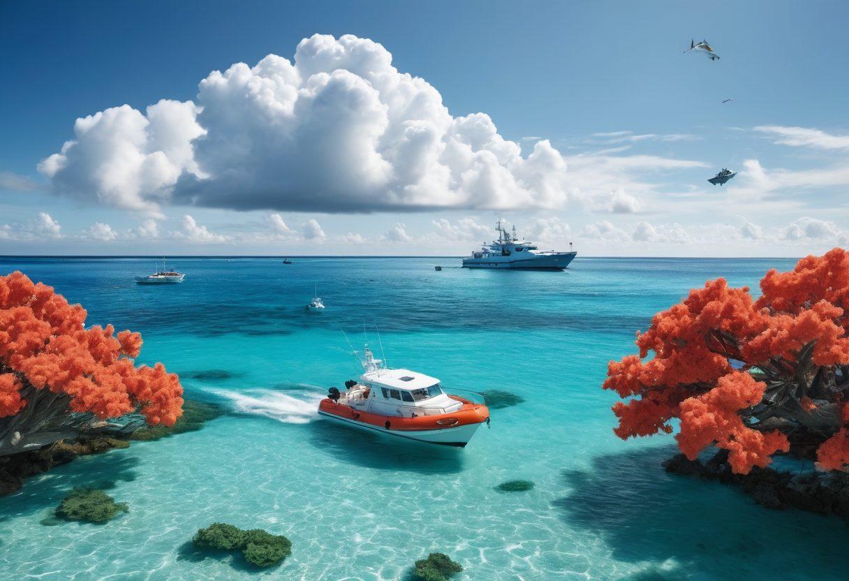 A serene ocean scene featuring a diverse array of marine vehicles like yachts and fishing boats, complemented by vibrant coral reefs and marine life below the water's surface. Include elements that signify protection, like a lifebuoy and an umbrella overhead, symbolizing security and assurance. The sky should be bright and inviting, with fluffy white clouds adding a sense of tranquility. Highlight the concept of marine insurance through subtle visual cues, such as documents or shields in the background. super-realistic. vibrant colors. white background.
