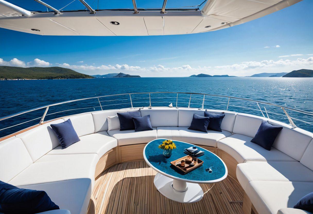 A serene yacht sailing on calm blue waters under a bright sunny sky, with luxurious details like plush seating and a stylish deck, surrounded by distant islands. Incorporate a subtle hint of insurance documents or nautical maps floating elegantly on the water, symbolizing protection in luxury. The scene conveys tranquility and affluence, appealing to yacht owners. super-realistic. vibrant colors. soft focus.